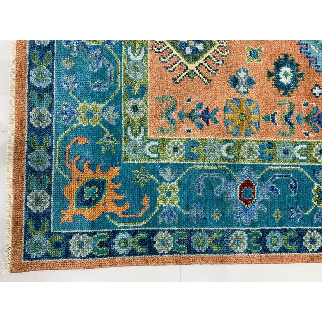 Contemporary 9x12 Ava Kazak Coral Traditional Geometric Hand Knotted Wool Carpet Rug For Sale - Image 3 of 5