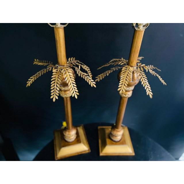 Mid 20th Century Pair of MidCentury Chinese Gold Tole Palm Tree Table Lamps For Sale - Image 5 of 9