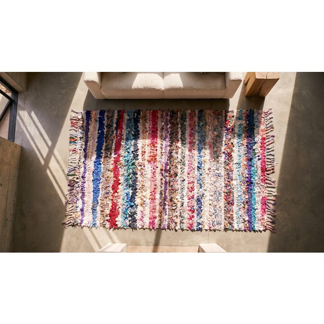 Textile Singular Handmade Colorful Pastel Stripe Pattern Vintage Moroccan Boucherouitte For Sale - Image 7 of 9