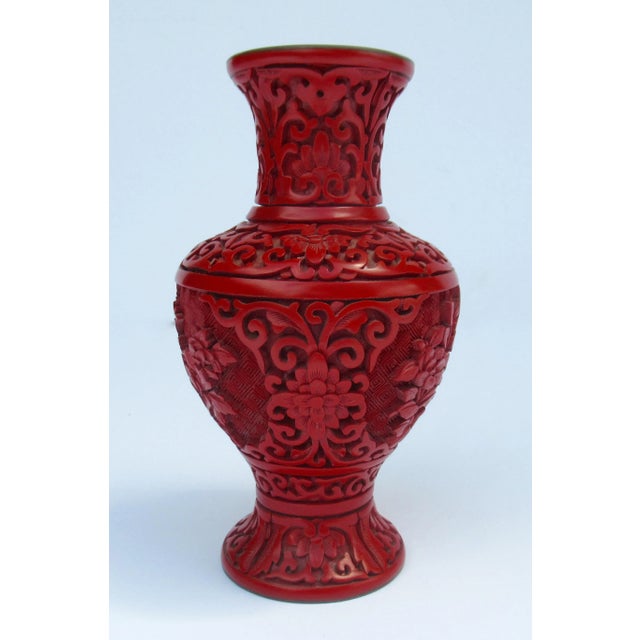 Vintage; C.1950's Asian Chinese, carved Cinnabar display vase, with a blue enameled interior, as well as underside blue...