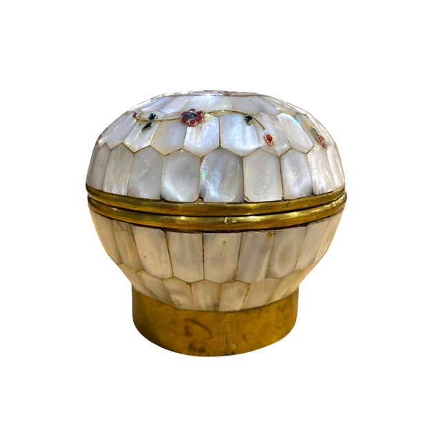 Vintage Mother-of-Pearl & Brass Floral Inlay Trinket Box For Sale - Image 12 of 14