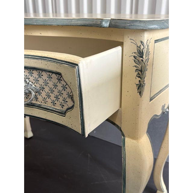 Eggshell La Barge Hand Painted Blue and White French Console Tables or Entry Way Tables For Sale - Image 8 of 12