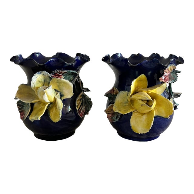 Pair, Antique French Barbotine Majolica Vase Applied Rose Vases For Sale