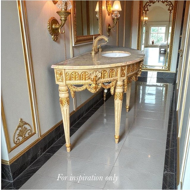 Wood Louis XVI French Marble-Top Vanity With Giltwood Urns, Garlands & Fleur-De-Lis For Sale - Image 7 of 10