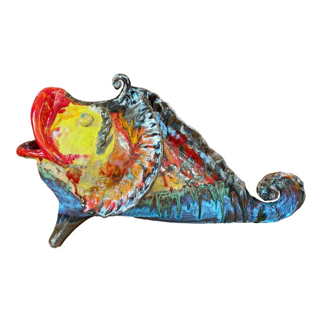 1950s Italian Glazed Terracotta Fish Sculpture For Sale