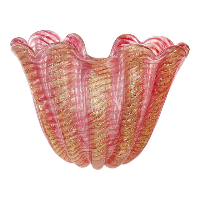 Barovier Toso Murano Vintage Pink Gold Flecks Italian Art Glass Midcentury Double Flower Vase For Sale