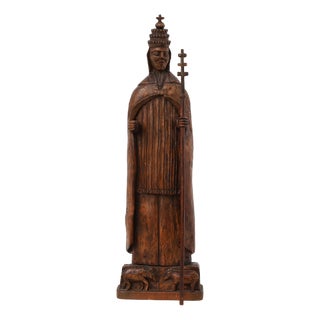 18th Century Carved Wooden Sint-Cornelius Figure with Papal Tiara and Triple Cross Staff, 1800s For Sale