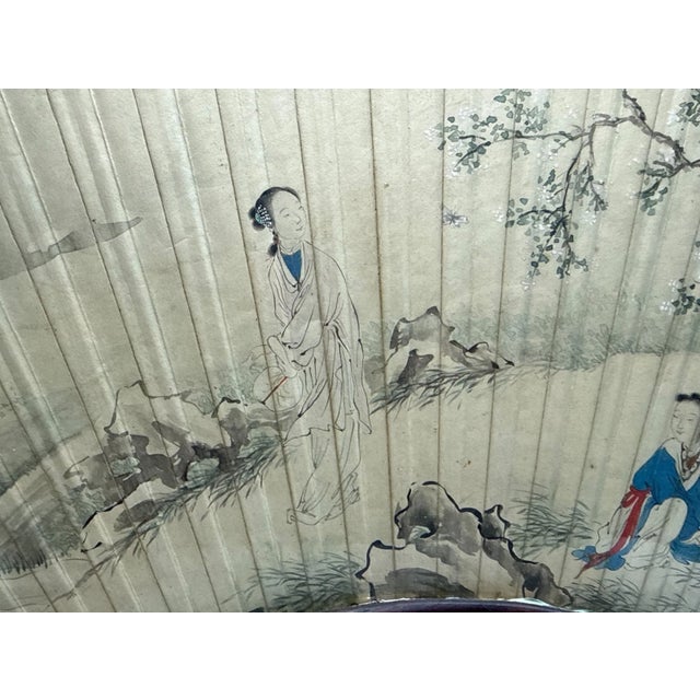 Antique Early 1800's Chinese Qing Dynasty Hand Painted Hand Fan Carved Wood Base For Sale - Image 10 of 18