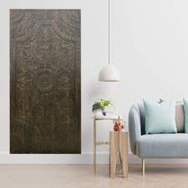 1920s Bohemian Lotus Carved Wall Panel Headboard in Dark Wood | Handcrafted Floral Relief Decor 60x30 For Sale - Image 5 of 5