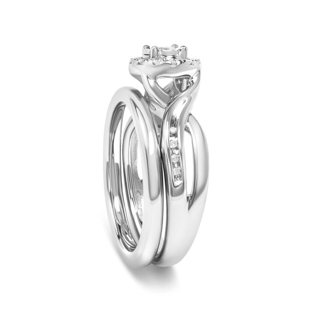 .925 Sterling Silver 1/7 Cttw Diamond Halo Bypass Engagement Ring and Wedding Band Set (I-J Color, I3 Clarity) - Size 10 For Sale - Image 4 of 7