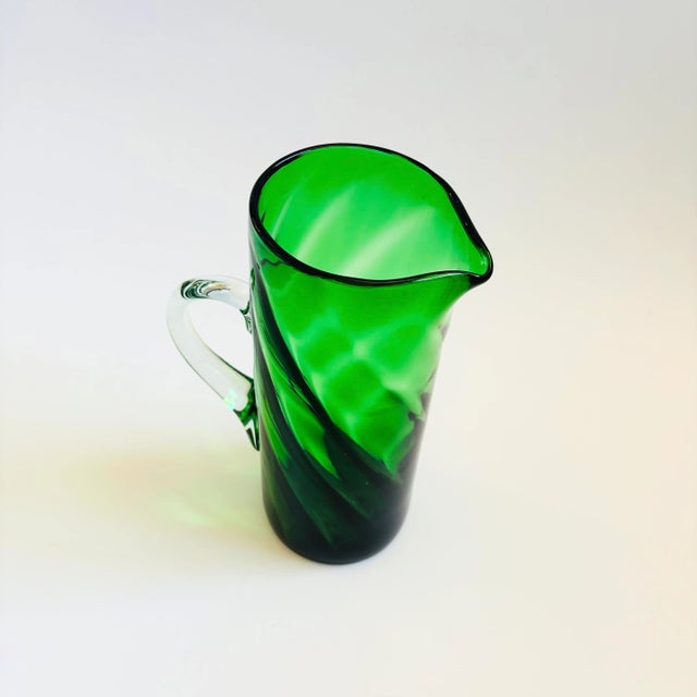 Mid-Century Modern Vintage Art Deco Green Blown Glass Pitcher For Sale - Image 3 of 9