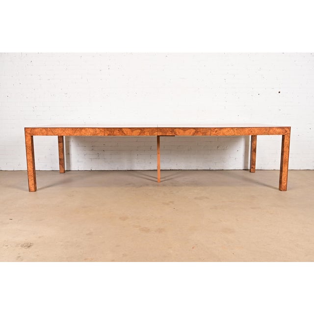 Mid-Century Modern Milo Baughman Style Burl Wood Parsons Extension Dining Table, Newly Refinished For Sale - Image 3 of 15