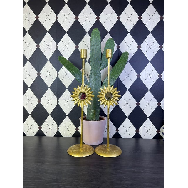 Gold Vintage Hollywood Regency Gilt Metal Sunburst Mirror Candlesticks, Pair For Sale - Image 8 of 13