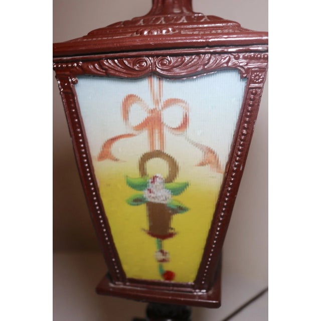 Pair of Antique Vintage Ornate Reverse Painted Glass Metal Table Boudoir Lamps For Sale - Image 9 of 12