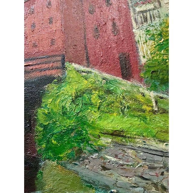 Blue Signed 1930s River Landscape Fine Art Oil Painting / 1930s Small Townscape Wall Art For Sale - Image 8 of 10