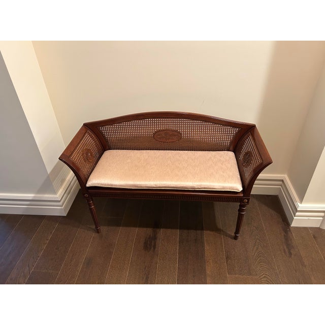 Neoclassical Heredia Wood Cane Bench With Upholstered Seat – Carved Frame Neoclassical Design For Sale - Image 3 of 5