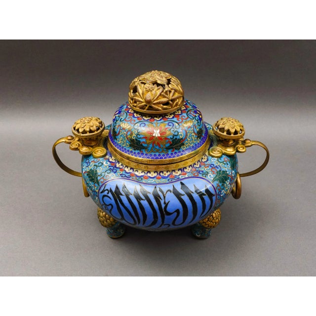 Chinese Antique Chinese Cloisonne Arabic Islamic Tripod Covered Censor Incense Burner For Sale - Image 3 of 9
