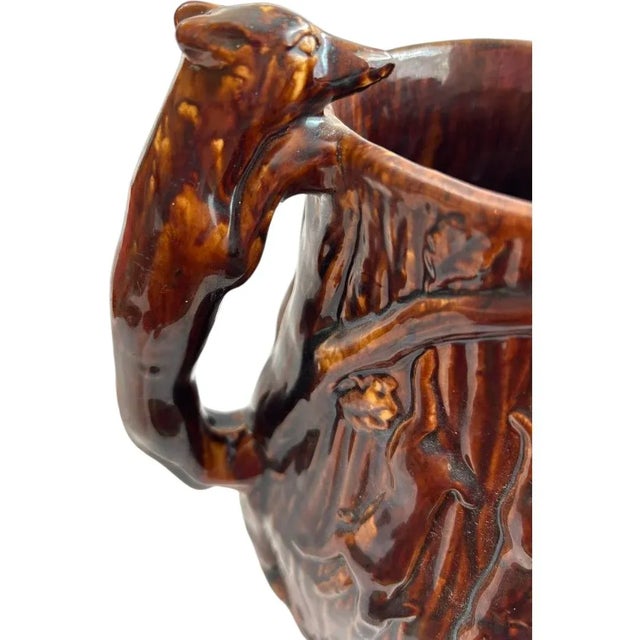Rustic Vintage Rockingham “Hunt Scene” Clay Molded Pitcher With Hound Handle, Usa For Sale - Image 3 of 12