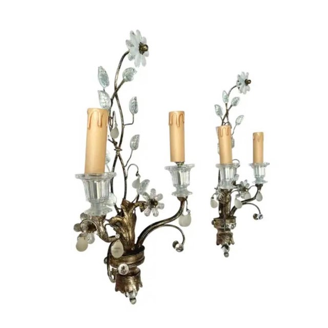 Metal French Baguès Style Silver Leaf Wall Sconces, a Pair For Sale - Image 7 of 9