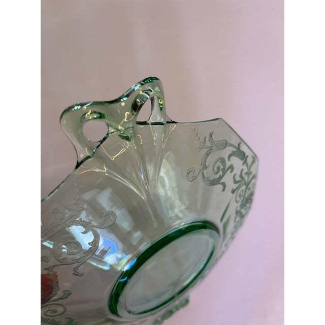 Art Deco Vintage Etched Light Green Elegant Glass Double Handled Serving Plate, Circa 1930s For Sale - Image 3 of 3