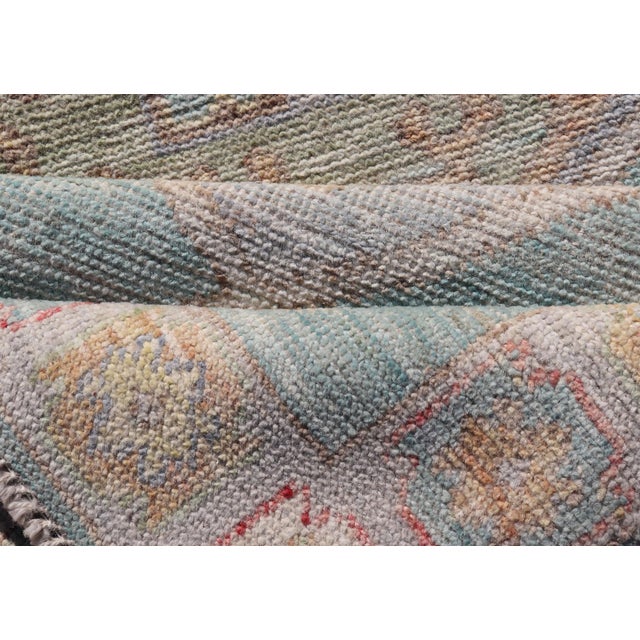 Modern Small Oushak Runner With Teal-Blue Background and Medallion Motif For Sale In Atlanta - Image 6 of 11