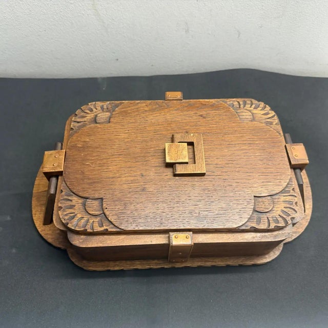 1930s Art Deco Hand-Carved Oak, Maple Wood and Brass Huge French Box For Sale - Image 9 of 15