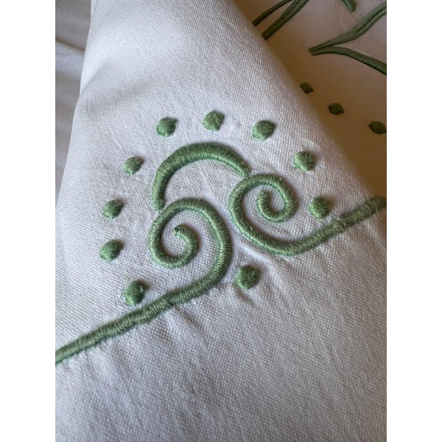 Antique French Linen Sheet, Jl Monogram With Sage Green Embroidery, Circa 1920 For Sale - Image 9 of 11
