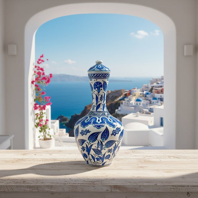 Handmade Ceramic Lidded Vase (30cm) – Blue & White Tulips & Cloud Collar – Classic Iznik Decor For Sale - Image 6 of 9