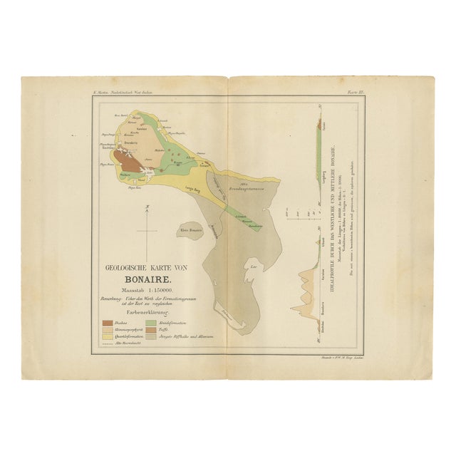 Geological Map of Bonaire in the Dutch West Indies by Karl Martin, 1888 For Sale
