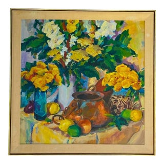 Mid Century Original Oil Painting With Flowers, Fruit, Copper Pot. Bright and Large Canvas. For Sale
