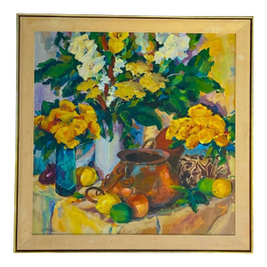 Mid Century Original Oil Painting With Flowers, Fruits, Copper Pot. Large Impressive Canvas.