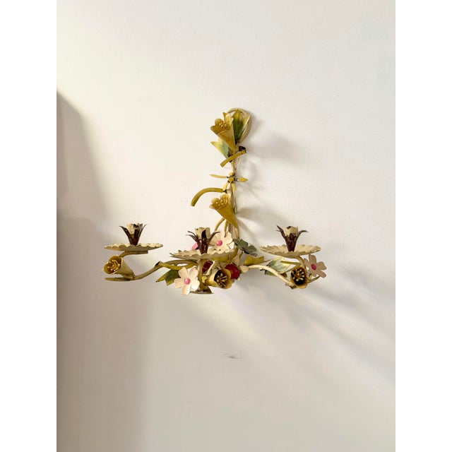 Vintage Floral Three-Candle Toleware Sconce For Sale - Image 4 of 9