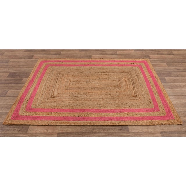 Modern 4'x6' Pink Border Rectangle Jute Handmade Rug For Sale - Image 3 of 9