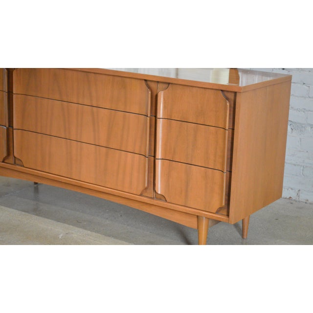 1960s Walnut Low 9 Drawer Chest of Dresser With Mirror For Sale In Cincinnati - Image 6 of 12