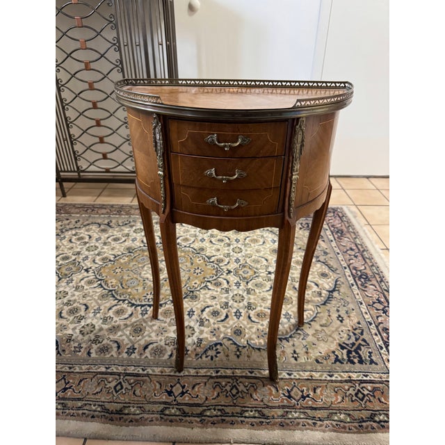 Pair of Vintage Louis XV Style Demilune Nightstands French Inlaid 3 Drawer Tables For Sale - Image 14 of 17