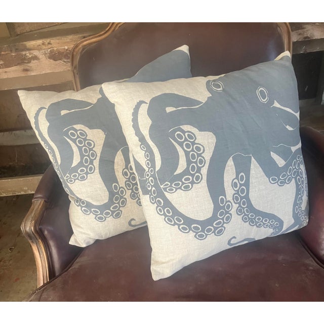 Traditional 2000's Blue Octopus Linen Cushions P/2 For Sale - Image 3 of 11