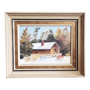 Vintage Mid-Century Original Signed Oil Painting - Snowy House Scene
