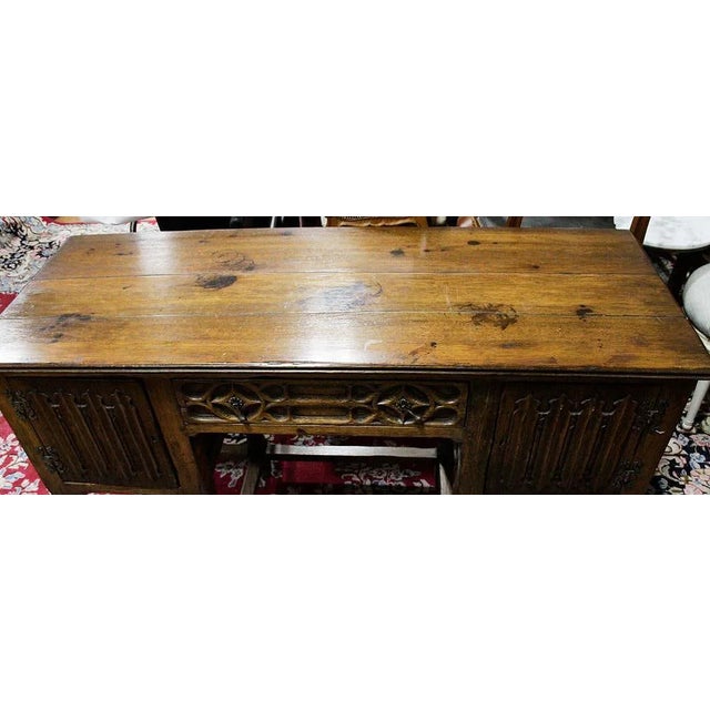 Linen Antique Carved Oak English Clerk's Desk Linen Fold Doors For Sale - Image 8 of 8