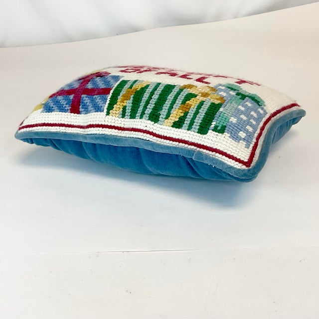 Cornflower Blue Mid-Century Americana Boho Chic Christmas Needlepoint Pillow For Sale - Image 8 of 9