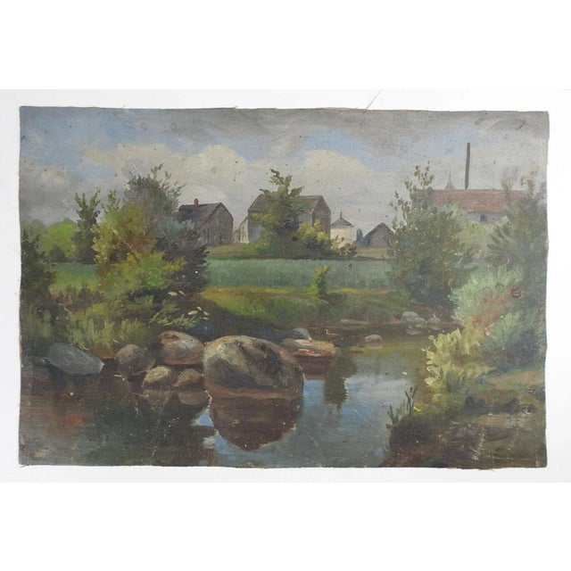 Vintage early 20th century oil on canvas farmhouse, pond landscape painting. Unsigned. Unframed, canvas is flat and not on...