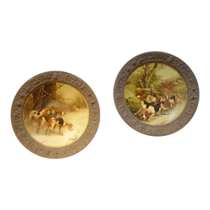 Early 19th Century Art Antique Hunting Scenes on Concave Tin Plates 1850 - a Pair
