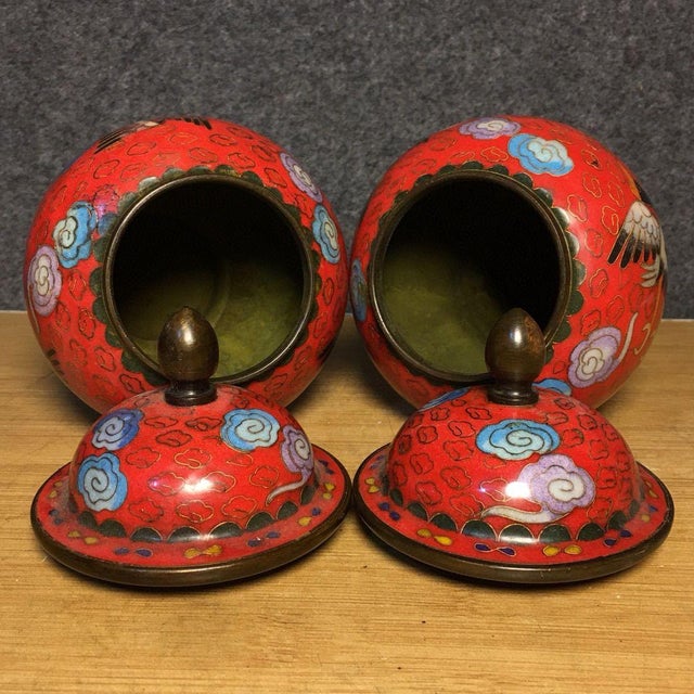 Red Pair of Vintage Chinese Cloisonné Red Ground "Crane & Clouds" Covered Jars - 2570g For Sale - Image 8 of 9