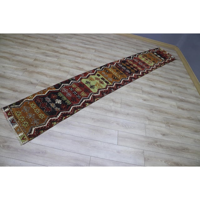 Turkish 1940s Luxury Ethnic Anatolian Natural Wool Long Runner Kilim Rug For Sale - Image 3 of 11