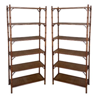1970s Chinese Chippendale Style Carved Fruitwood and Grasscloth Faux Bamboo Etageres / Bookshelves - Pair For Sale