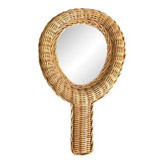 Mid Century Wicker Hand Mirror For Sale