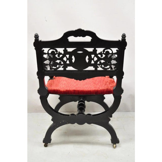 Red Antique Victorian Aesthetic Movement Ebonized Curule Throne Arm Chair With Lions For Sale - Image 8 of 13