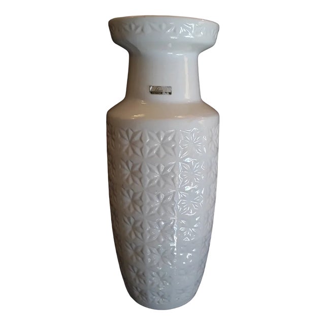 Vintage German Ceramic Vase with Stylized Flower Decor and White Glaze by Scheurich, 1970s For Sale