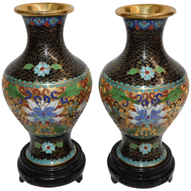 Pair of Chinese Cloisonne Vases on Lacquered Wooden Stands For Sale