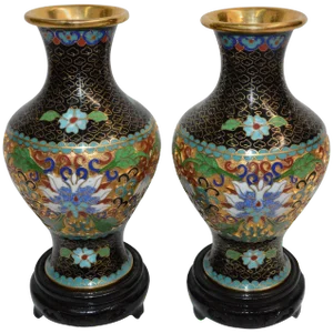 Pair of Chinese Cloisonne Vases on Lacquered Wooden Stands