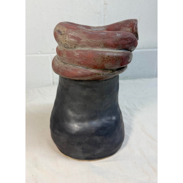 Vintage Handmade Studio Black Red Glaze Brutalist Art Pottery Vase Sculpture For Sale In New York - Image 6 of 11